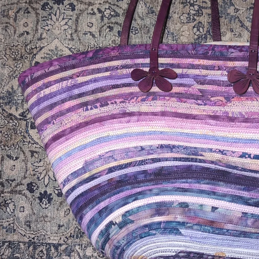 Woven Cloth & Leather Vintage Purple and Lavender Fabric Striped Tote Bag Floral
